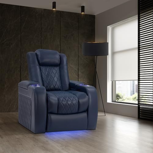 Valencia Tuscany Home Theater Seat - Nappa Leather Power Recliner with Cool Gel Memory Foam, USB-C/A Charging, RGB LED Lights, Adjustable Lumbar & Headrest (Single Recliner, Navy Blue)