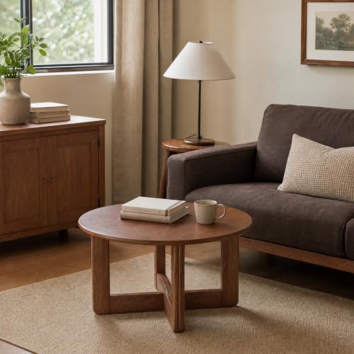 100% Solid Oak Wood Round Coffee Table, 2-Tier Small Wood Center Table