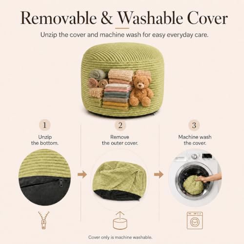 Storage Pouf Cover, No Filler, Corduroy, Light Olive Green, 28 Inch