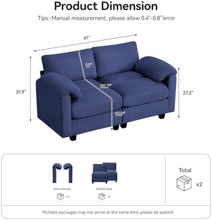 Modular Sectional Sofa, 61'' Corduroy Deep Seat Cloud Couch, Blue