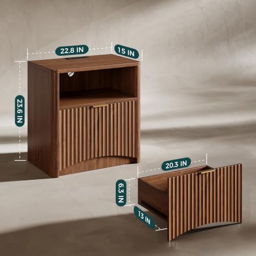 Evermagin Fluted Nightstand Set of 2 with Charging Station, Walnut