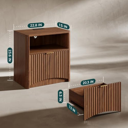 Evermagin Fluted Nightstand Set of 2 with Charging Station, Walnut