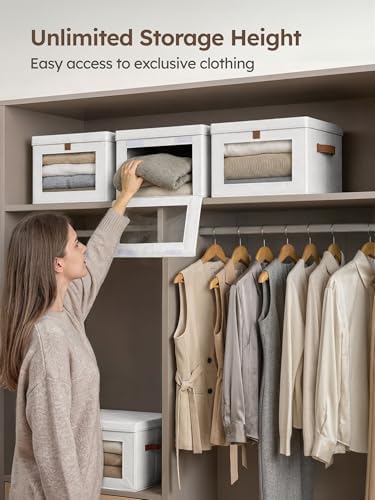 Medium Fabric Storage Bins - Closet Shelf Organizer with Open Window, 5 Pack Closet Baskets for Shelves, Stackable Decorative Boxes for Home, Dorm, White, 13.7" x 9.8” x 9.8"