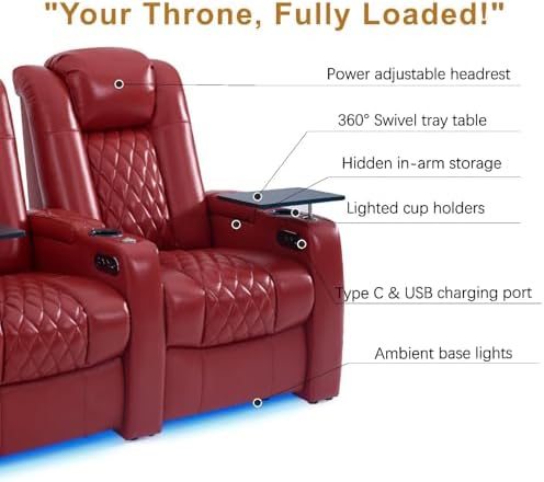 comfiroom Top-Grain Leather Home Theater Seating, Dual-Motor Power Recliner