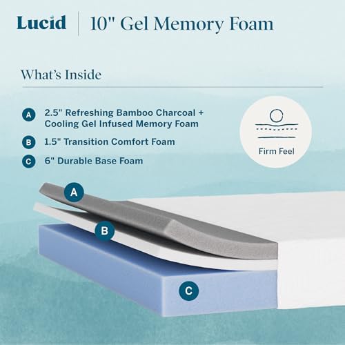Lucid 10 Inch Gel Memory Foam Mattress, Firm, Bed in a Box, Cal King Size