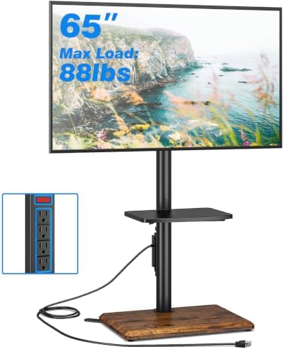Rfiver Floor TV Stand with Power Outlet for 32-65 inch TVs up to 88 lbs, Swivel TV Mount Stand with Height Adjustment and Oak Wood Base for Bedroom, Office, Corner, Max VESA 400x400mm