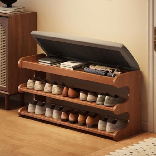 Flip Top Shoe Bench, 39 Inch Entryway Seat with Hidden Storage, Wooden Organizer for Hallway Closet, Space Saving Shoe Rack with Cushioned Seat