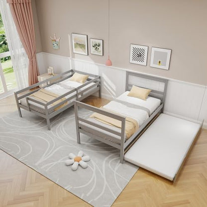 KOMFOTT Wood Twin Over Twin Bunk Bed with Trundle & Storage Stairs, Bunk Bed Frame with Protective Guardrails for Kids Room, Bedroom, Convertible to 2 Separated Beds, No Box Spring Needed (Grey)