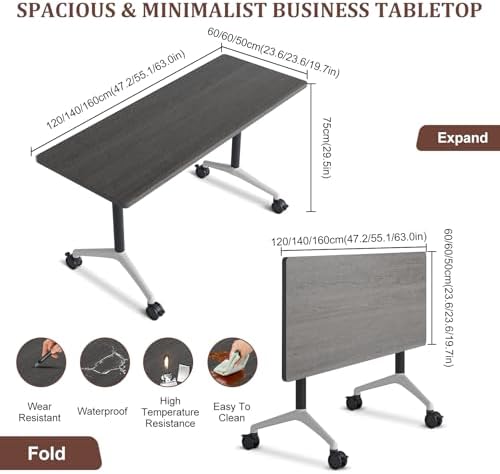 Folding Conference Table Modern Large Mobile Meeting Table Rolling Conference Room Tables with Wheels Seminar Tables for Office Training Classroom (8, Oak Grey, 70.9" D X 23.6" W X 29.5" H)