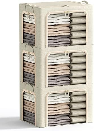 3 Openings Clothes Storage Bins with Metal Frame, Foldable Storage Bin for Clothes, Clothing Storage Bins with Lid, Linen Storage Box With Clear Window＆ Zippers＆ Durable Handles.(3 Pcs ,Beige,40L)