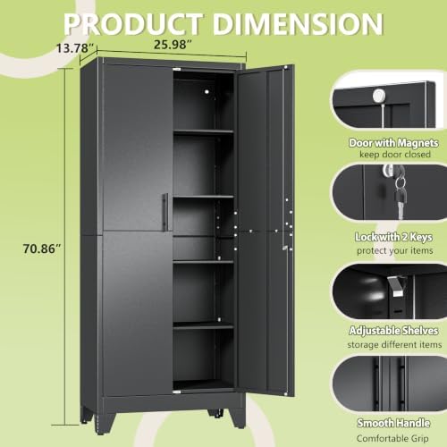 Black Kitchen Pantry Cabinets, 71 Metal Lockable Storage for Office