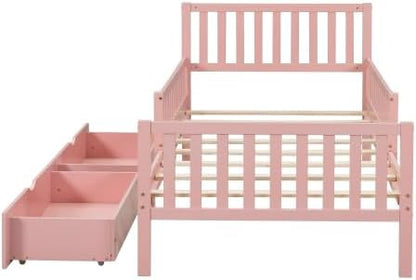 Bellemave Girls Twin Bed Frame with Fences and 2 Drawers, Kids Twin Platform Bed with Guardrails on Both Sides, Pink