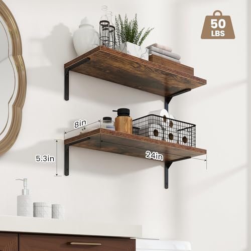 Deep Floating Shelves, 24W x 8D Floating Shelves Set of 2, Wall Mounted Shelf with Metal Brackets, Rustic Wood Wall Shelf for Bathroom, Kitchen and Living Room, Rustic Brown
