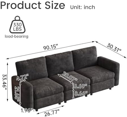 Miuuod 3-Seat Modular Sofa Couch Grey with Ergonomic Cushions, Convertible Sleeper Sectional for Living Room Bedroom Apartment, Cloud Futon Lounge Furniture Set for Small Spaces