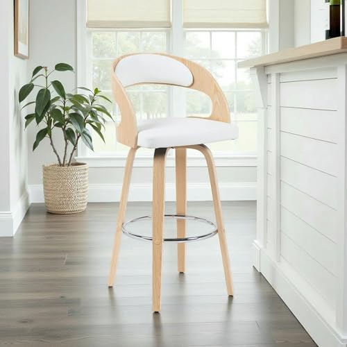 Armen Living Shelly Modern Bar Height Swivel Stool in Patterned Oak Finish with White Faux Leather Upholstered Seat Set of 4