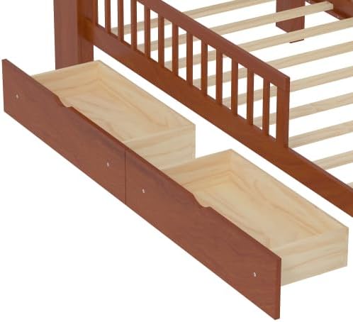 Bellemave Kids Twin Bed Frame with Fences, 2 Drawers & Storage Headboard, Twin Size Platform Bed with 3-Side Guardrails for Kids, Girls & Boys, Walnut
