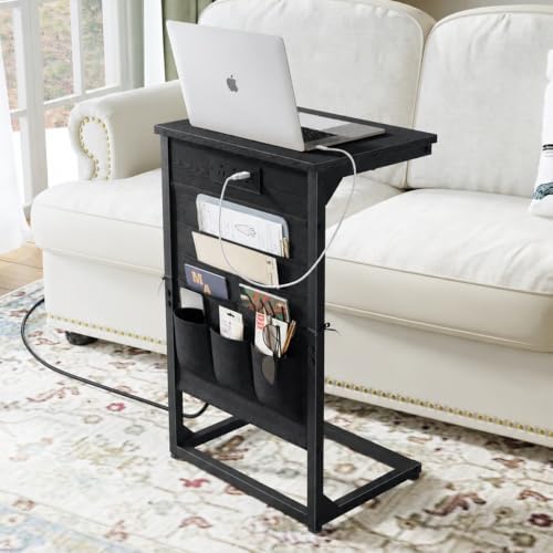 C-Shaped End Table with Fast-Charging Station, Small Couch Side Table with Storage Bag, Sofa TV Tray Table for Living Room, Bedroom, Bedside ET-BK-W1