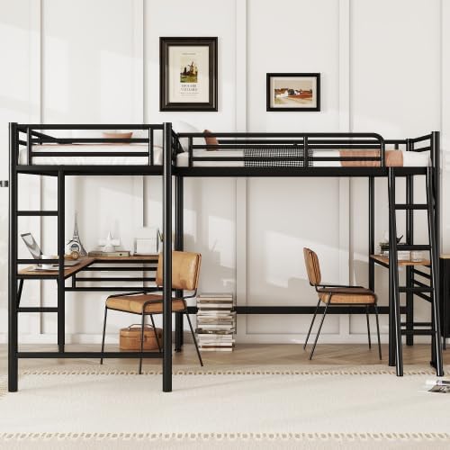 Twin Size Metal Loft Bed with Built-in Desk and Safety Guardrails, Black