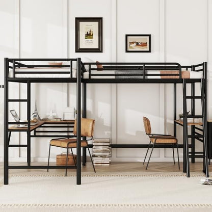Twin Size Metal Loft Bed with Built-in Desk and Safety Guardrails, Black