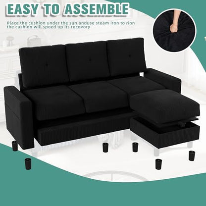 Convertible Sectional Couch Sofa for Small Spaces, L Shaped Modular Sofa with Removable Ottoman Storage, 3 Seat Modern Small Couches for Living Room in Apartment, Jet Black