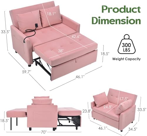 3 in 1 Convertible Pull Out Sleeper Couch Sofa Bed, Pink