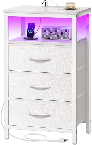 Huuger Night Stand with Charger Station and LED Lights, 3 Drawer Nightstand