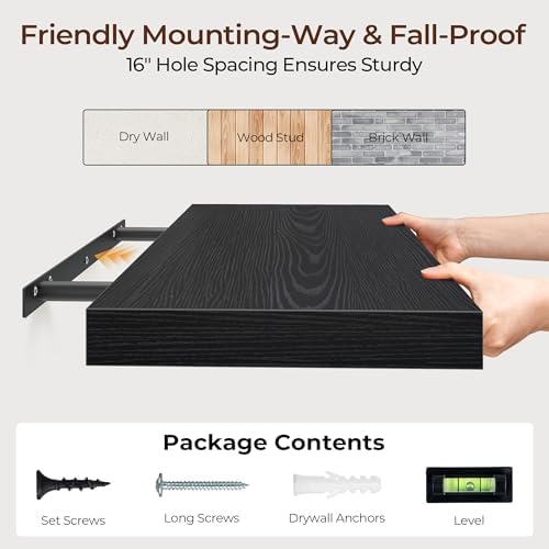 Floating Shelves for Wall 36 Inch Set of 3, Farmhouse Floating Shelves with Invisible Heavy Duty Bracket, 10 Inch Deep Bathroom Shelves for Storage, Living Room, Kitchen, Decor, Black