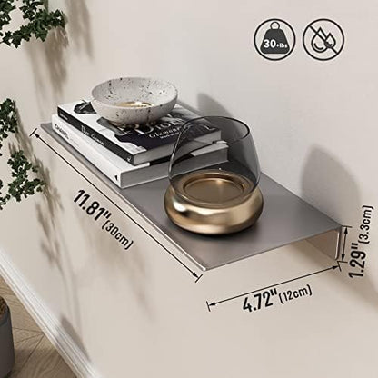12 inch Gray Metal Wall Shelf Small Floating Shelf for Wall Organizer & Storage, Display Shelf for Bathroom, Living Room, Kitchen, Bedroom