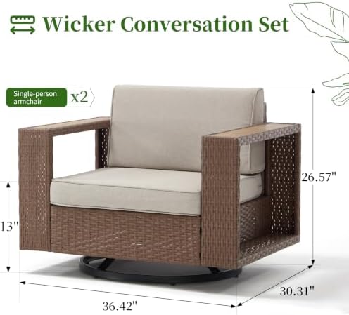 Bonzy Home Wicker Patio Chairs Set of 2, 360° Swivel Rattan Outdoor Accent Chairs with Extra-Thick Soft Cushions and Widened Armrest, Patio Conversation Sets for Porch, Garden Poolside Balcony