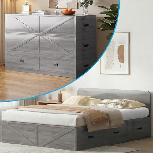 Murphy Bed, Cabinet Beds Queen Size with Mattress Included, Drawers, Queen Hidden Murphy Guest Chest Bed, 3-in-1 Convertible Cabinet Sofa Bed, Furniture Sets for Small Room, Apartment - Grey