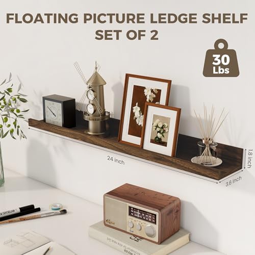 Picture Ledge Shelf, 24 Inch Walnut Floating Shelves Set of 2