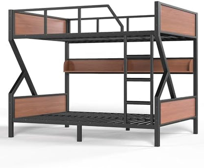 Full Over Full Bunk Bed with Storage Shelves, Black Twin Metal Bunk Bed Frame for Kids Teenagers Adults, Space Saving Design for Bedroom, Dorm & Apartment