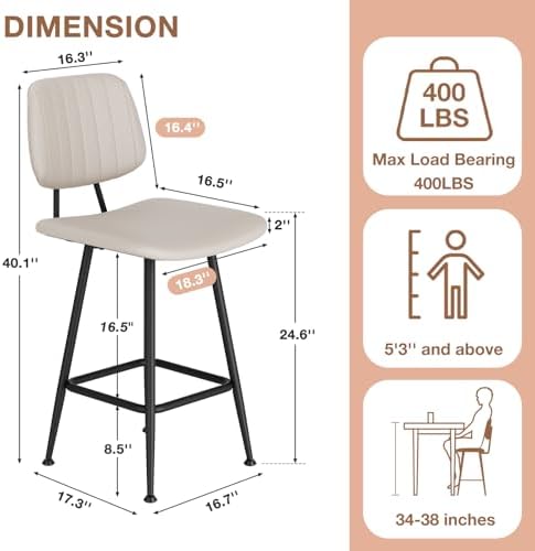 Raynesys 24-Inch Leather Bar Stools Set of 2 with High Backrest, Beige
