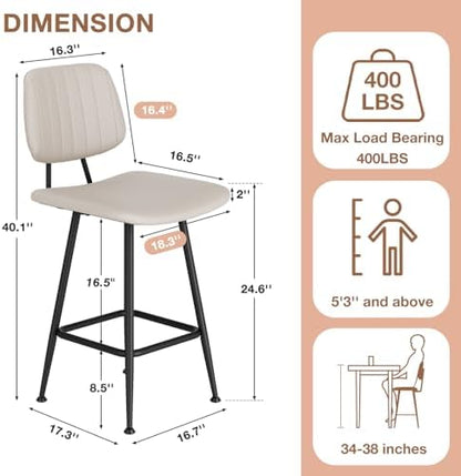 Raynesys 24-Inch Leather Bar Stools Set of 2 with High Backrest, Beige