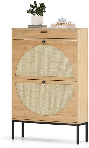XIAO WEI Shoe Cabinet, Natural Semi Circle Rattan Shoe Storage Organizer Cabinet with 2 Flip Drawers, Freestanding Shoe Rack with Adjustable Shelf for Entryway (Large Size)
