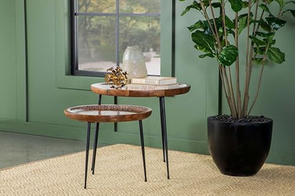 Coaster Home Furnishings - Nuala - 2-Piece Round Mango Wood Nesting Tables with Tripod Legs and Hand-Painted Floral Motifs - Mid-Century Modern - Living Room - Honey Finish - 935984