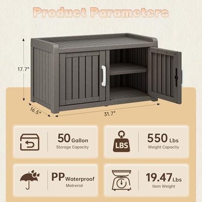 Shoe Storage Cabinet Waterproof UV-Resistant, Entryway Storage Bench Indoor Outdoor with 2 Barn Doors, Adjustable Shelves for Entryway, Bedroom, Hallway,Living Room(Classic Grey)