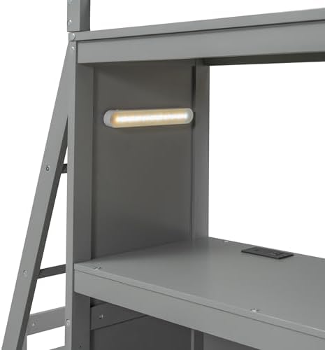 Twin Over Twin Bunk Bed with LED Light and USB Ports, Wood Bunk Bed with Desks, Bookshelves and 5 Drawers for Kids Teens Adults (Gray)
