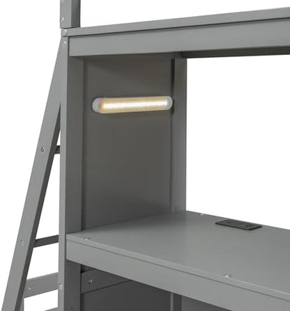 Twin Over Twin Bunk Bed with LED Light and USB Ports, Wood Bunk Bed with Desks, Bookshelves and 5 Drawers for Kids Teens Adults (Gray)