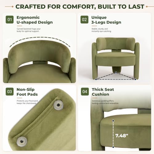 Velvet Barrel Accent Chairs Set of 2 with 3 Legs, Modern Chenille Comfy Upholstered Armchairs with Curved Back for Bedroom, Reading Corner, Office, Green
