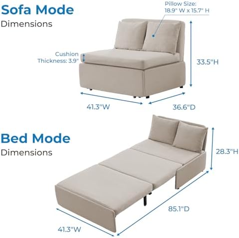Mjkone 43" W Twin Size Pull Out Sofa Bed, 2 in 1 Convertible Linen Sleeper Chair Sofa Couch Bed with Pillows, Sofa Chair Sleeper Living Room Furniture for Small Place Apartment Home Office, Beige