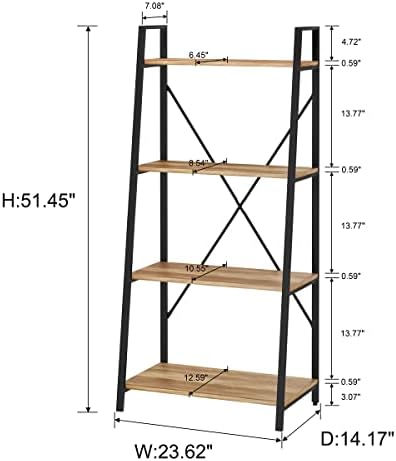 Farmhouse Ladder Shelf Bookcase, 4 Tier Rustic Ladder Bookshelf, Standing Leaning Book Shelves for Living Room (Vintage Oak)