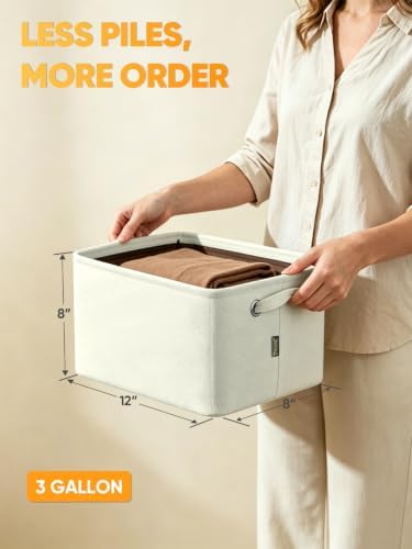BALEINE 2 Pack Fabric Closet Storage Bins for Shelves, Linen Closet Organizers and Storage, Decorative Baskets for Organizing, Shelf, Clothes, Home, Office (White, 12"x8"x8")