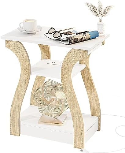 End Tables Living Room, End Table with Charging Station,White&Oak