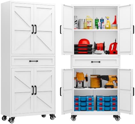 SISESOL White Metal Storage Cabinet with Wheels and Drawer,Rolling Garage Cabinet with Doors and Adjustable Shelves,73" Mobile Tall Large Metal Cabinets for Home,Office,Garage,Shop