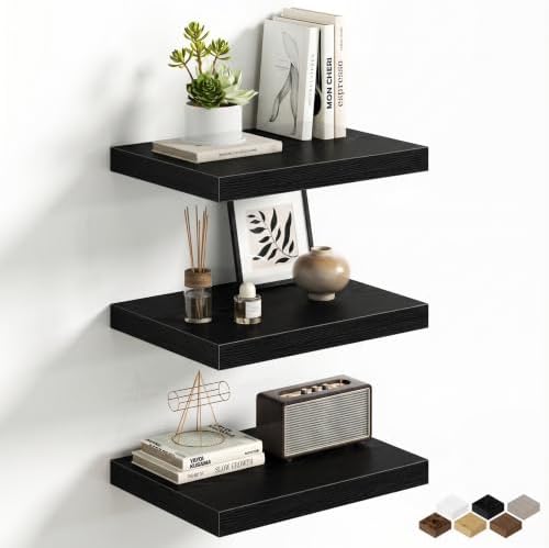 Black Floating Shelves for Wall, 16'' W x 12'' D Wall Mounted Rustic Wood Shelves for Bathroom, Bedroom, Living Room, Kitchen, Hanging Shelf for Storage/Room Decor with Heavy Duty Brackets, 3 Pack