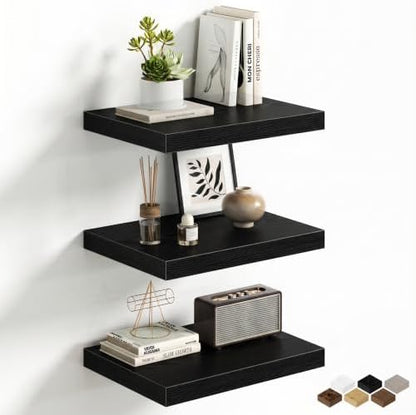 Black Floating Shelves for Wall, 16'' W x 12'' D Wall Mounted Rustic Wood Shelves for Bathroom, Bedroom, Living Room, Kitchen, Hanging Shelf for Storage/Room Decor with Heavy Duty Brackets, 3 Pack