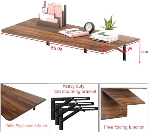 IAE 48x22in Floating Fold Desk,Wall-Mounted Folding Computer Table,Walnut