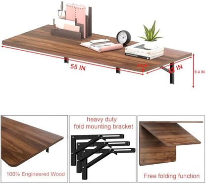 IAE 48x22in Floating Fold Desk,Wall-Mounted Folding Computer Table,Walnut
