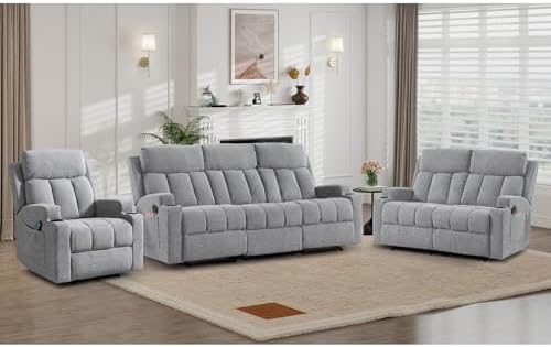 CANMOV Manual Recliner Sofa Set, Fabric Recliner Living Room Furniture Sets, 1 Seat Reclining Chair, a Loveseat, a 3 Seater Sofa Furniture Set with Side Pockets and Cup Holders, Light Grey
